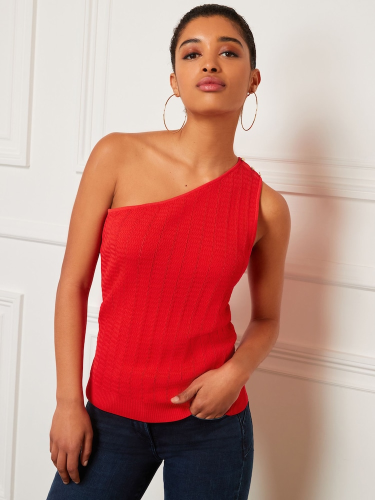 Bright Red Button Detail One Shoulder Knit Top - Image 1 of 5