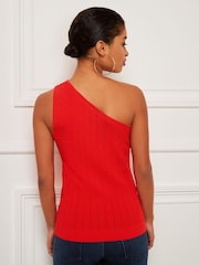 Bright Red Button Detail One Shoulder Knit Top - Image 3 of 5