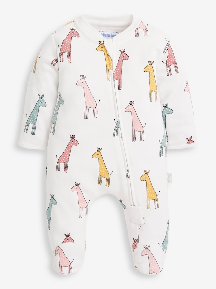 JoJo Maman Bébé Yellow Giraffe Print Zip Cotton Baby Sleepsuit - Image 2 of 4