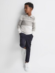 Reiss Soft Grey/White Tokyo 9-14 yrs Slim Fit Half-Zip Long Sleeve Polo Shirt - Image 1 of 5