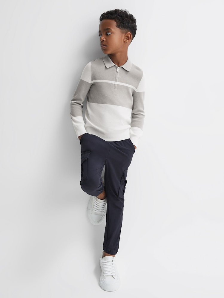 Reiss Soft Grey/White Tokyo 9-14 yrs Slim Fit Half-Zip Long Sleeve Polo Shirt - Image 1 of 5