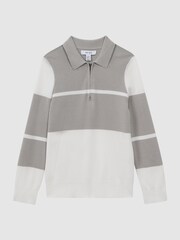 Reiss Soft Grey/White Tokyo 9-14 yrs Slim Fit Half-Zip Long Sleeve Polo Shirt - Image 2 of 5