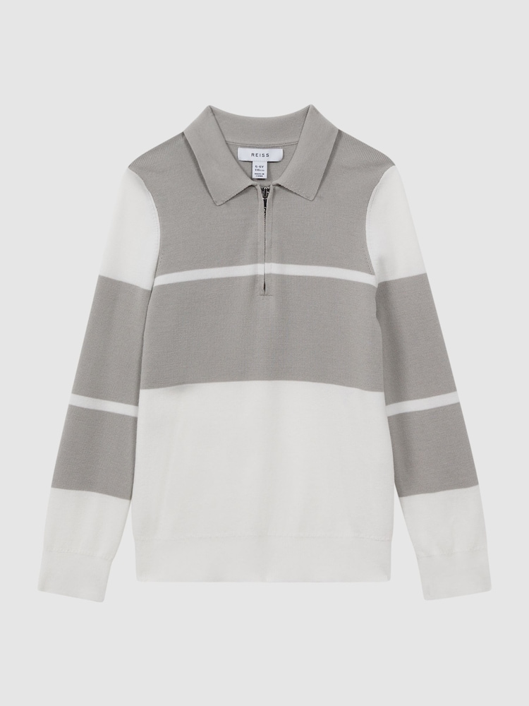 Reiss Soft Grey/White Tokyo 9-14 yrs Slim Fit Half-Zip Long Sleeve Polo Shirt - Image 2 of 5