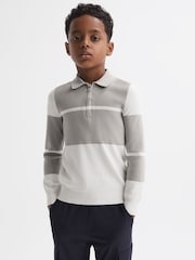 Reiss Soft Grey/White Tokyo 9-14 yrs Slim Fit Half-Zip Long Sleeve Polo Shirt - Image 3 of 5