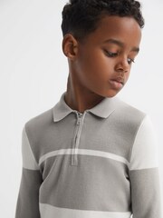 Reiss Soft Grey/White Tokyo 9-14 yrs Slim Fit Half-Zip Long Sleeve Polo Shirt - Image 4 of 5
