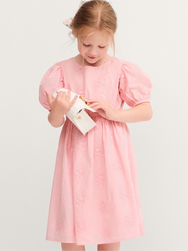 Monsoon Pink Puff Sleeve Floral Embroidered Dress - Image 1 of 4