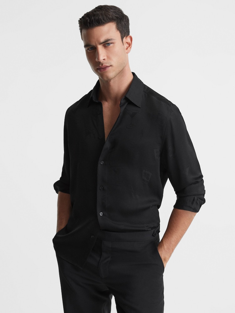 Reiss Black Cocktail Jacquard Button-Through Shirt - Image 1 of 6