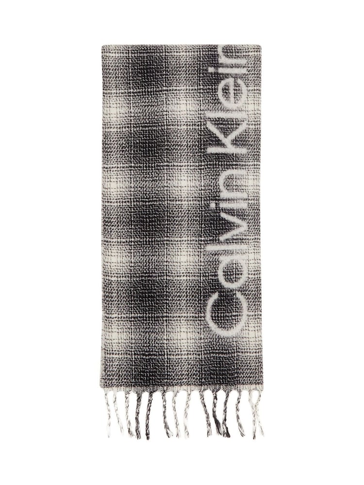 Calvin Klein Grey Wool Blend Check Scarf - Image 2 of 2 Calvin Klein Grey Wool Blend Check Scarf - Image 2 of 2