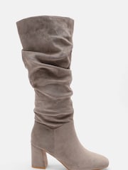 Quiz Grey Ruched Block Heel Knee High Boots - Image 1 of 6
