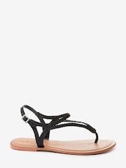 Black Extra Wide Fit Forever Comfort® Leather Plait Toe Post Flat Sandals - Image 1 of 4