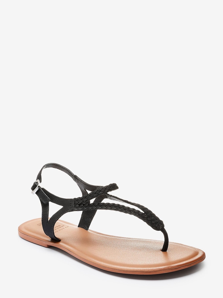 Black Extra Wide Fit Forever Comfort® Leather Plait Toe Post Flat Sandals - Image 2 of 4