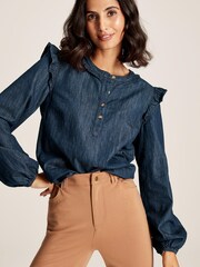 Joules Remi Blue Frill Shoulder Chambray Blouse - Image 1 of 6