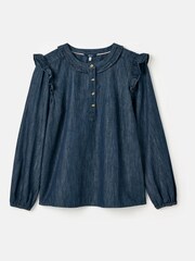 Joules Remi Blue Frill Shoulder Chambray Blouse - Image 6 of 6
