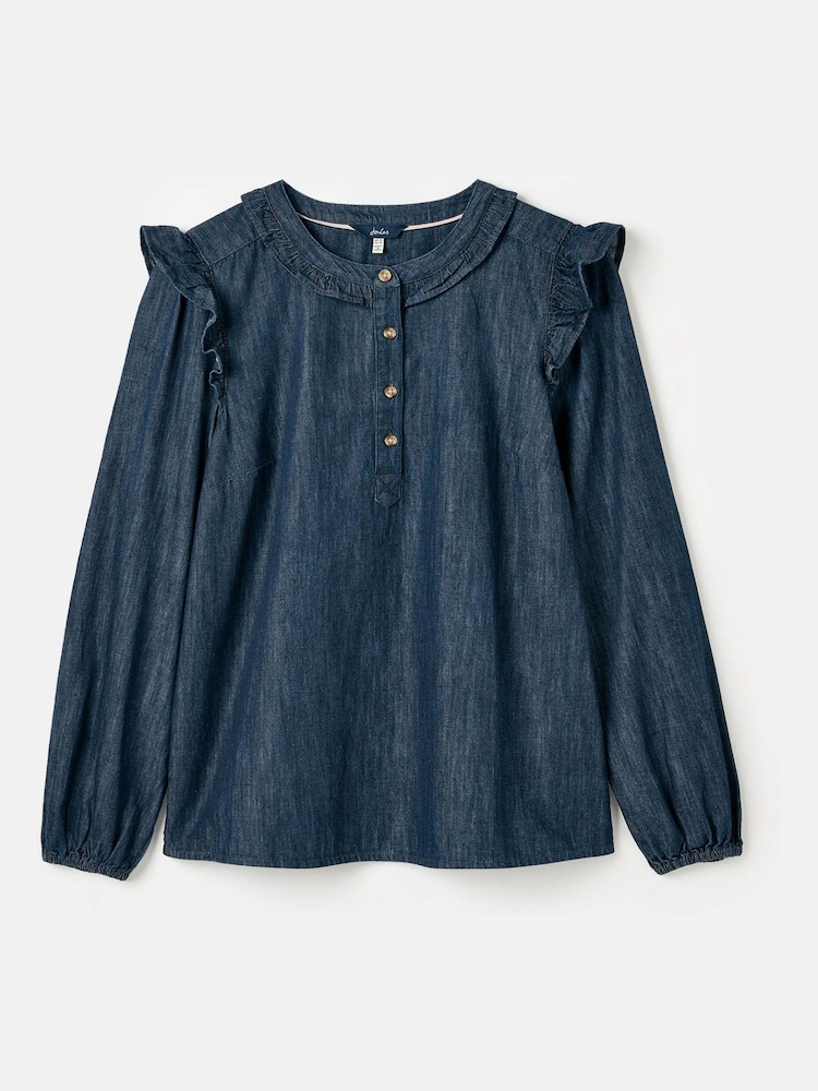 Joules Remi Blue Frill Shoulder Chambray Blouse - Image 6 of 6