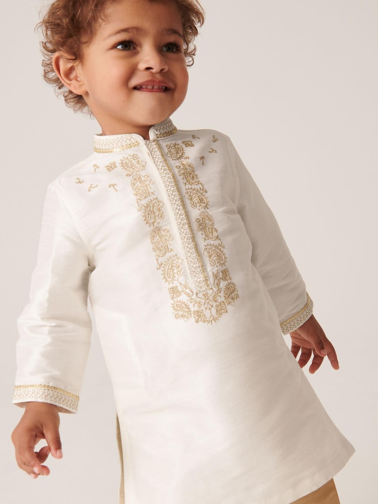 Ivory Cream/Gold Regular Length Embroidered Boys Kurta (3mths-7yrs) - Image 1 of 7