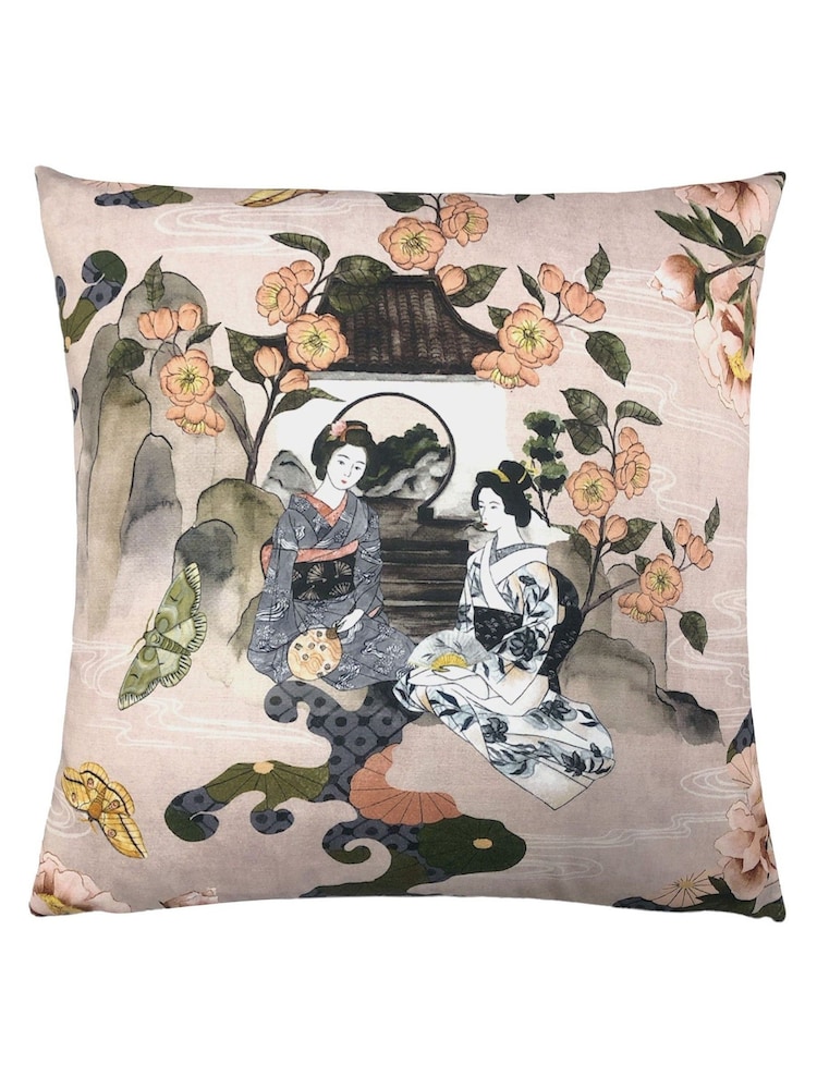 Riva Paoletti Blush Pink Geisha Printed Velvet Cushion - Image 1 of 4