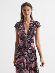 Reiss Black/Pink Amira Animal Print Fitted Midi Dress - Image 3 of 6