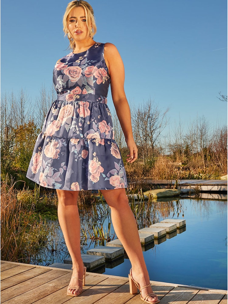 Chi Chi London Blue Curve Floral Printed Tiered Skirt Mini Dress - Image 2 of 4 Chi Chi London Blue Curve Floral Printed Tiered Skirt Mini Dress - Image 2 of 4