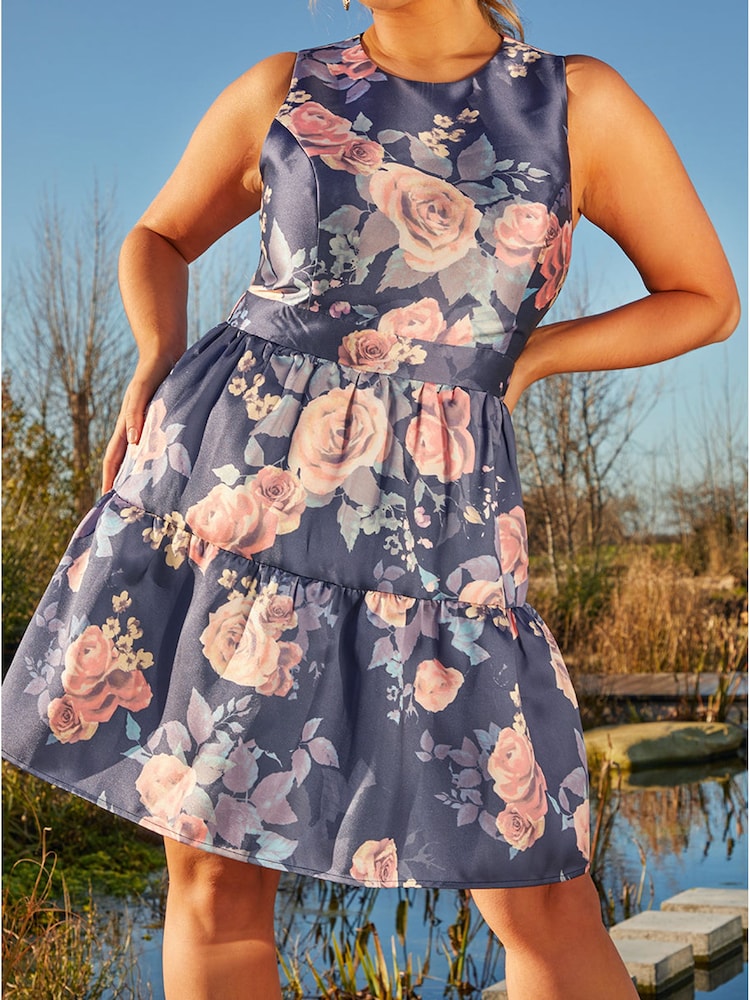 Chi Chi London Blue Curve Floral Printed Tiered Skirt Mini Dress - Image 4 of 4 Chi Chi London Blue Curve Floral Printed Tiered Skirt Mini Dress - Image 4 of 4