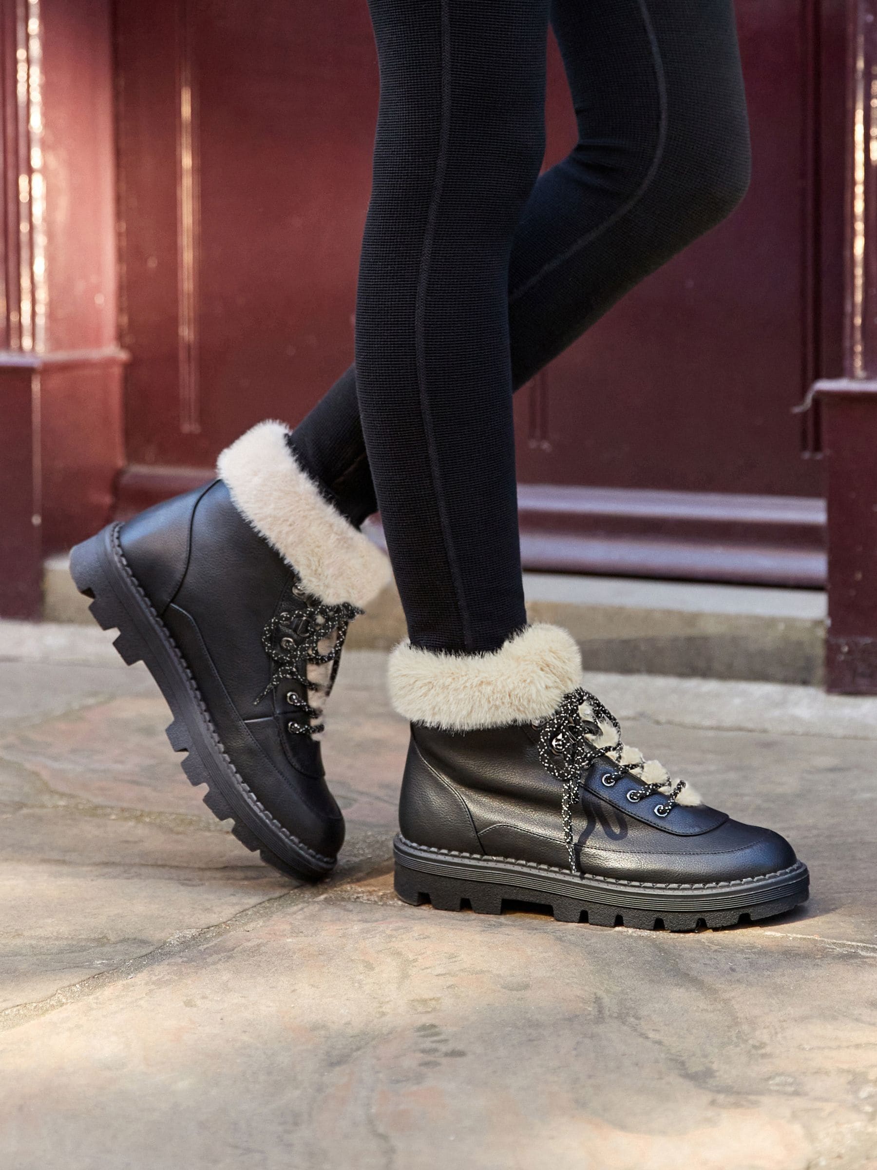 Buy Black Regular Wide Fit Forever Comfort Faux Fur Lace Up Chunky Boots from Next Luxembourg