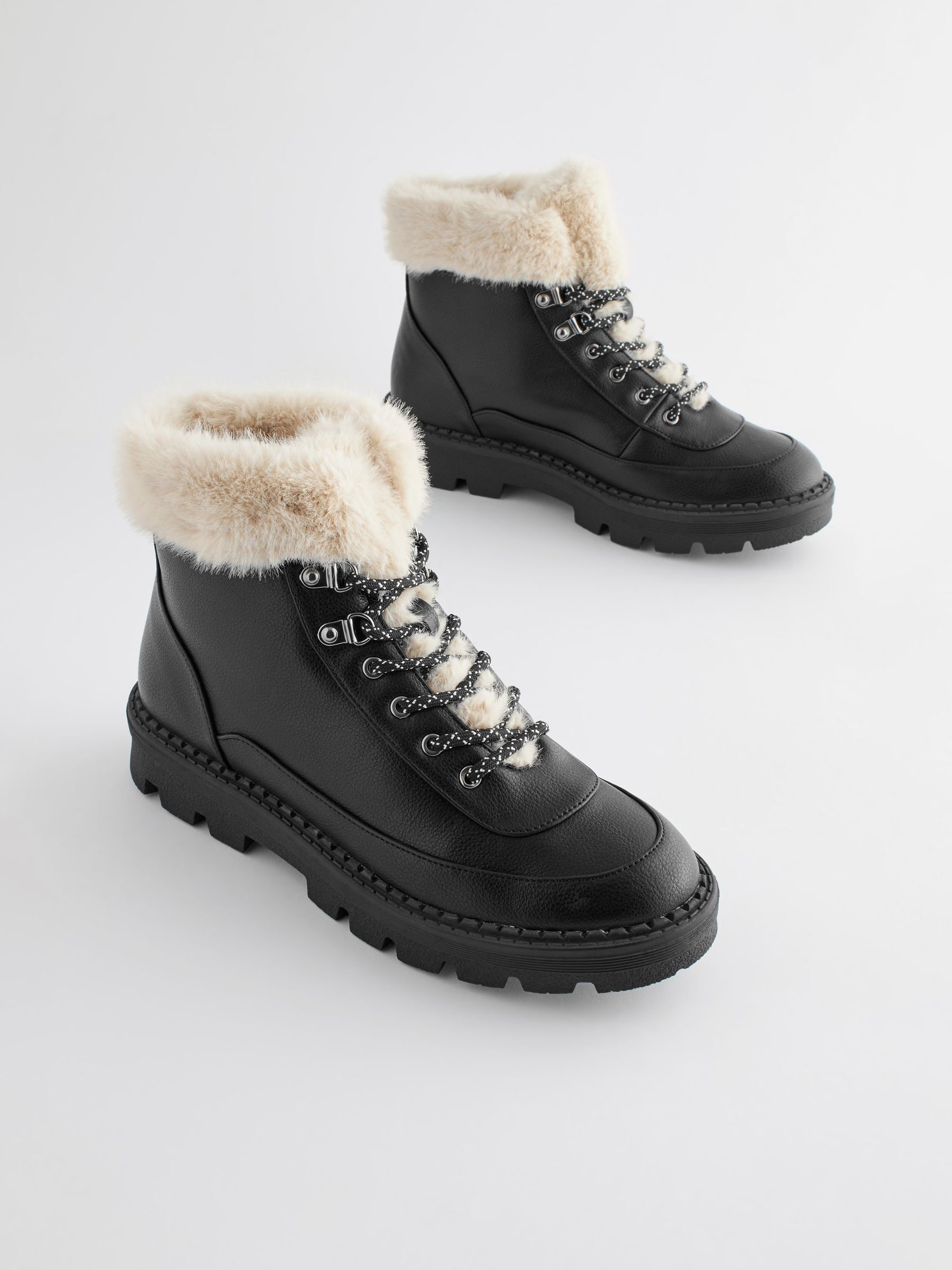 Buy Black Regular Wide Fit Forever Comfort Faux Fur Lace Up Chunky Boots from Next Luxembourg