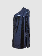 Reiss Blue Eva Sequin Cape One Shoulder Mini Dress - Image 2 of 6