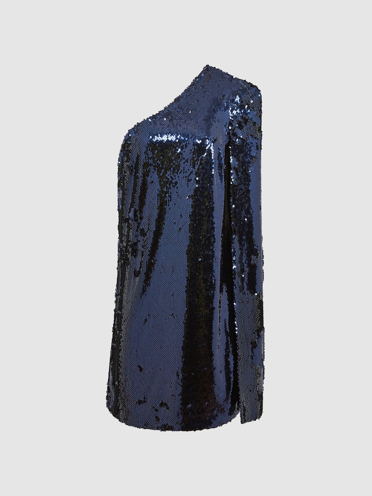 Reiss Blue Eva Sequin Cape One Shoulder Mini Dress - Image 2 of 6
