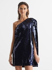 Reiss Blue Eva Sequin Cape One Shoulder Mini Dress - Image 3 of 6