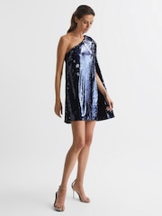 Reiss Blue Eva Sequin Cape One Shoulder Mini Dress - Image 4 of 6