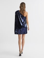 Reiss Blue Eva Sequin Cape One Shoulder Mini Dress - Image 5 of 6