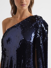 Reiss Blue Eva Sequin Cape One Shoulder Mini Dress - Image 6 of 6