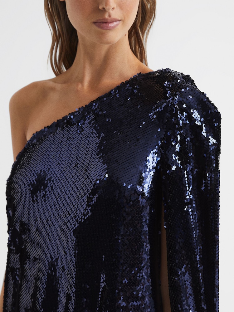 Reiss Blue Eva Sequin Cape One Shoulder Mini Dress - Image 6 of 6