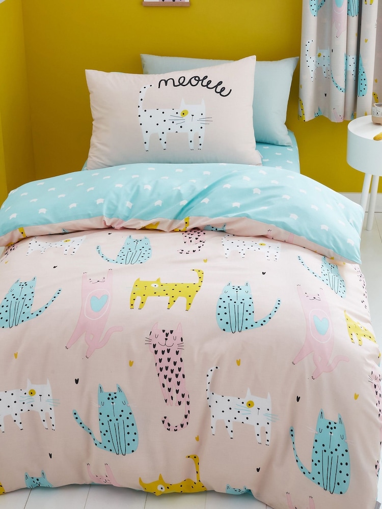Catherine Lansfield Pink Cute Cats Duvet Cover and Pillowcase Set - Image 1 of 4
