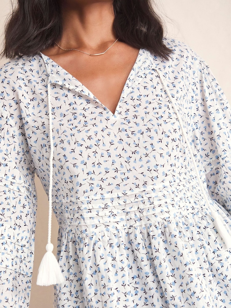 Anise Blue Floral Pintuck Detail Tie Neck Blouse - Image 1 of 3