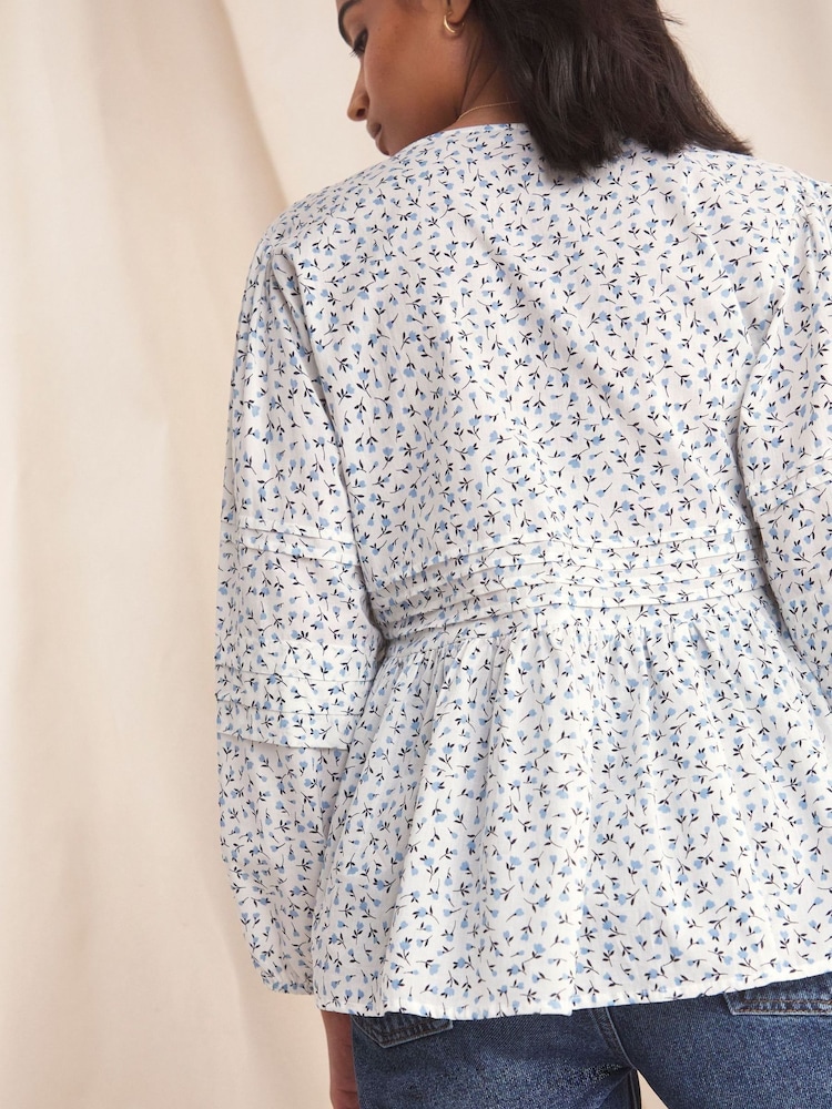Anise Blue Floral Pintuck Detail Tie Neck Blouse - Image 2 of 3