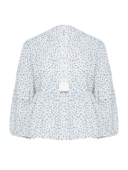 Anise Blue Floral Pintuck Detail Tie Neck Blouse - Image 3 of 3