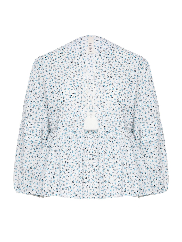 Anise Blue Floral Pintuck Detail Tie Neck Blouse - Image 3 of 3