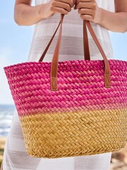 Natural/Pink Ombre Weave Basket Bag - Image 2 of 6