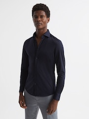 Reiss Navy Nate Cotton-Blend Jersey Cutaway-Collar Shirt - Image 1 of 7
