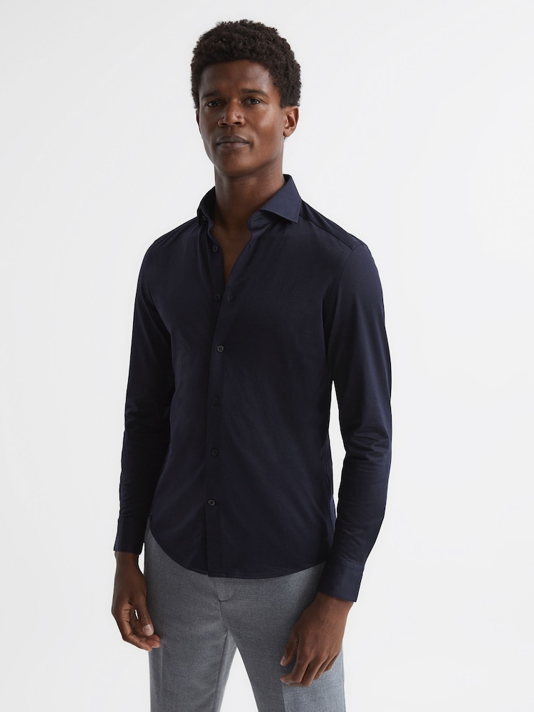 Reiss Navy Nate Cotton-Blend Jersey Cutaway-Collar Shirt - Image 1 of 7