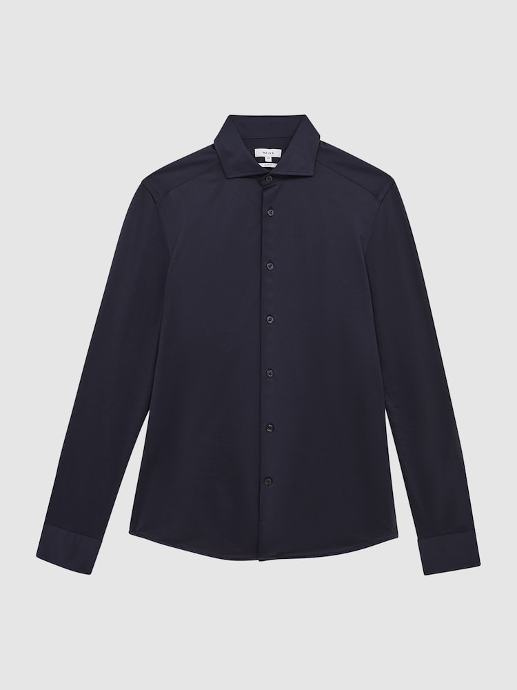 Reiss Navy Nate Cotton-Blend Jersey Cutaway-Collar Shirt - Image 2 of 7
