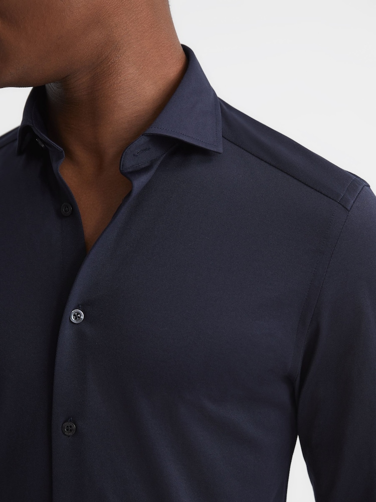 Reiss Navy Nate Cotton-Blend Jersey Cutaway-Collar Shirt - Image 4 of 7