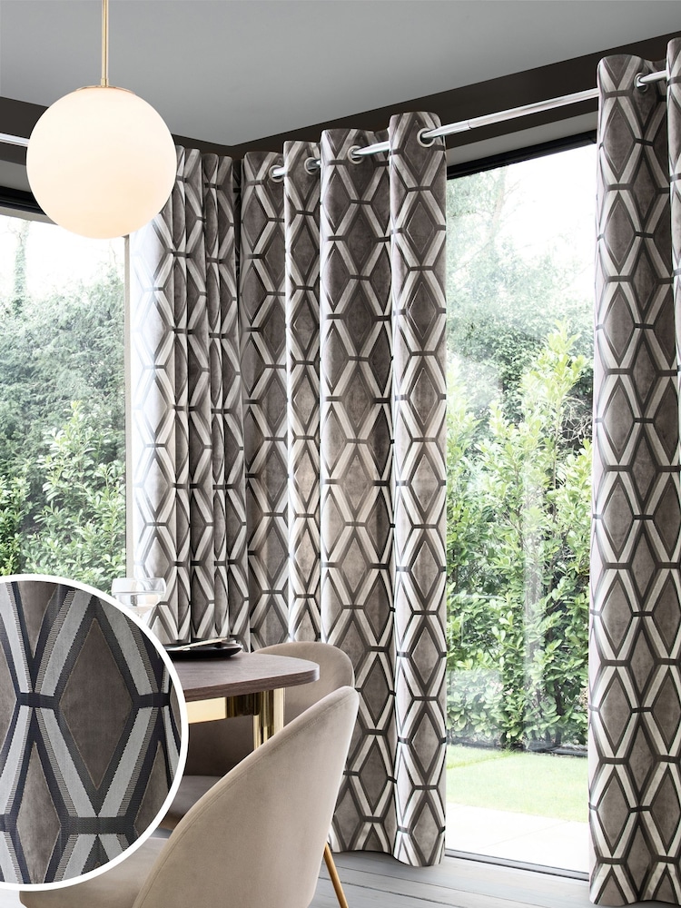 Grey Collection Luxe Heavyweight Geometric Cut Velvet Blackout/Thermal Eyelet Curtains - Image 1 of 6