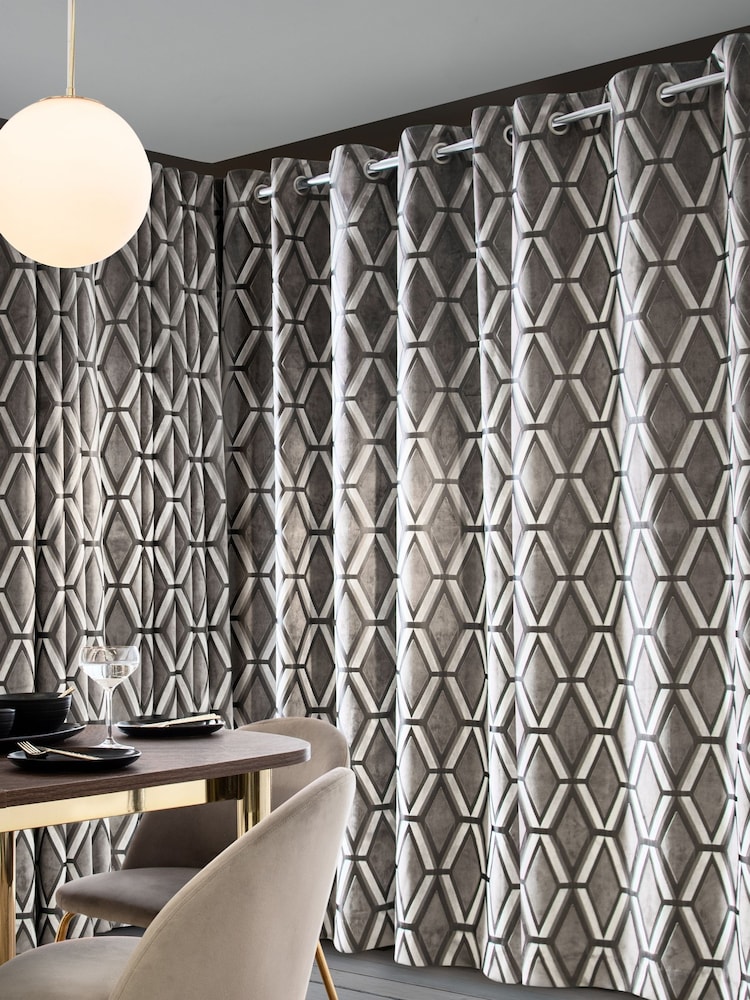 Grey Collection Luxe Heavyweight Geometric Cut Velvet Blackout/Thermal Eyelet Curtains - Image 4 of 6