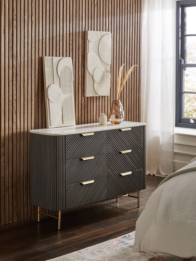 Dark Grey Valencia Marble and Mango Wood 6 Drawer Chest of Drawers - Image 1 of 11