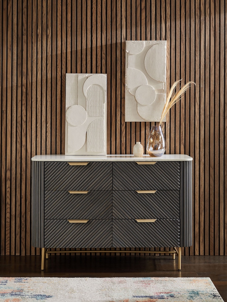 Dark Grey Valencia Marble and Mango Wood 6 Drawer Chest of Drawers - Image 2 of 11