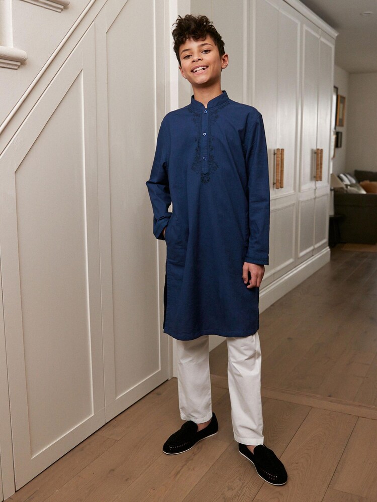 Navy Blue Regular Length Embroidered Boys Kurta (3-16yrs) - Image 1 of 7