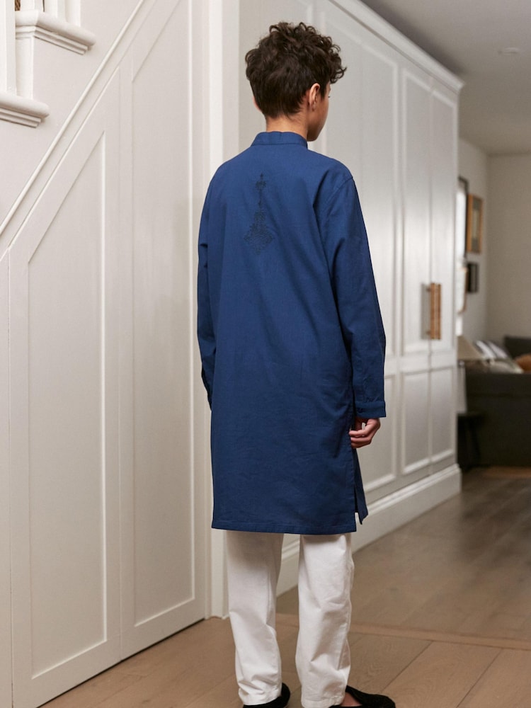 Navy Blue Regular Length Embroidered Boys Kurta (3-16yrs) - Image 2 of 7