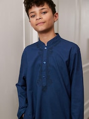 Navy Blue Regular Length Embroidered Boys Kurta (3-16yrs) - Image 3 of 7