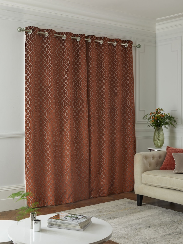 Orange Next Collection Luxe Heavyweight Maeve Damask Velvet Eyelet Lined Curtains - Image 2 of 5